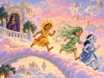 Gold Sun, pale-green Wind and silver-blue Moon cross a rosy cloud bridge; Star waves behind.
