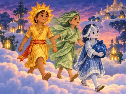 The siblings walk home at twilight; Moon securely carries the blue cloth parcel.
