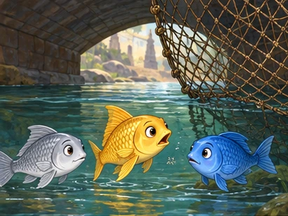 The golden fish warns her friends beneath the town bridge near visible net ropes.