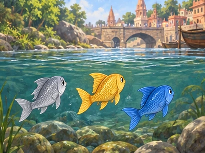 All three fishes swim upstream together away from boats and net ropes.