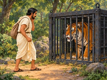 A cream-clad traveler stands cautiously outside an iron trap containing a striped tiger.