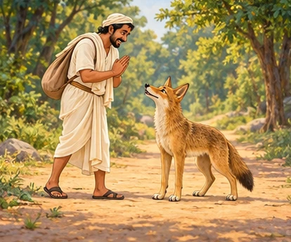 The traveler and jackal part peacefully on a sunlit safe forest path.