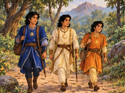 Three princes in blue, cream, and saffron travel along an Indian forest path.