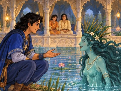 Star talks calmly with the sprite while his brothers remain visible in the pavilion.