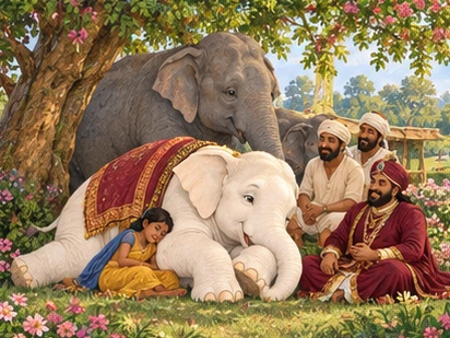 White elephant rests peacefully with old and new friends beneath palace garden trees.