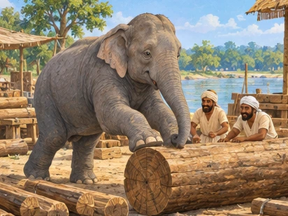 The recovered gray elephant rolls a log while carpenters guide it safely.