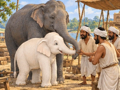 The older gray elephant introduces his young ivory-white son to the carpenters.
