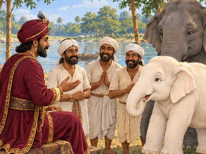 The king and carpenters discuss the invitation with the thoughtful white elephant.