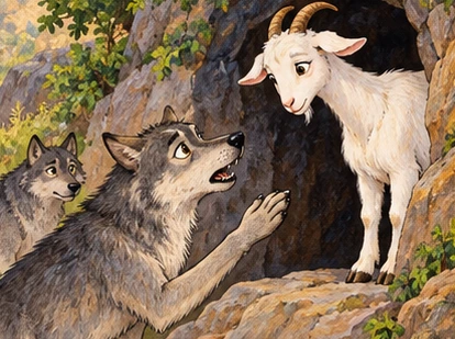 A worried-looking wolf asks the goat to leave her cave and help a companion.