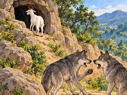 The goat returns safely to her cave while the wolves argue down the slope.