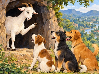 The goat explains that three friendly watchful dogs would accompany her.