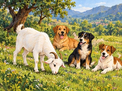 The goat grazes peacefully with three friendly village dogs nearby.
