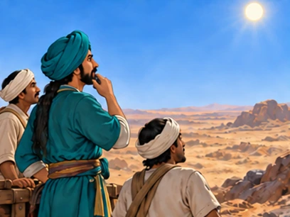 Suman and helpers examine the clear sky and dry desert horizon.