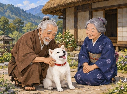 White dog red collar with elderly man brown kimono and wife indigo kimono outside hillside cottage.