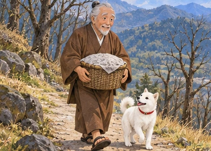 Grandfather carrying covered basket of cooled grey ashes, white dog on bare-tree path.