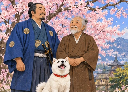 Blue-robed local lord beside grandfather and Shiro under newly flowering cherry tree.
