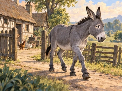 Grey donkey leaves a farm along a winding woodland road.