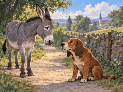 Grey donkey invites a resting brown dog beside a milestone.