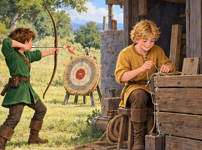 Green-tunic archer uses practice target; gold-tunic tailor stitches wooden boards.