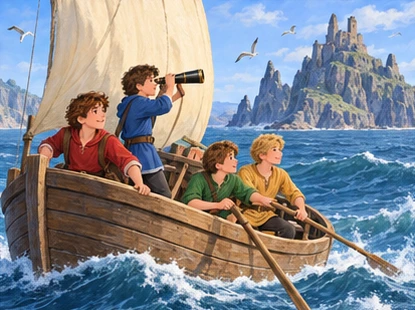 Four brothers sail a wooden boat toward rocky island; blue brother uses telescope.