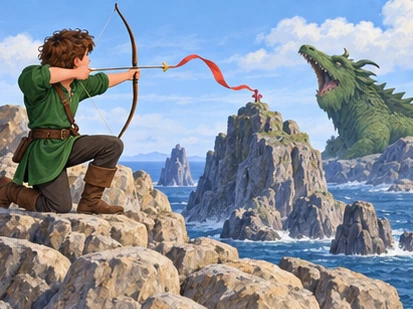 Green-tunic archer fires ribbon-tipped arrow toward distant rock to distract dragon.
