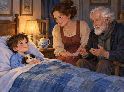 Blue-nightshirt boy rests in bed as mother and old storyteller sit nearby.