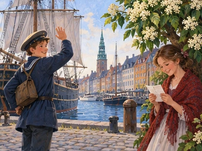 Young sailor departs harbour while friend reads letter beneath elder tree.