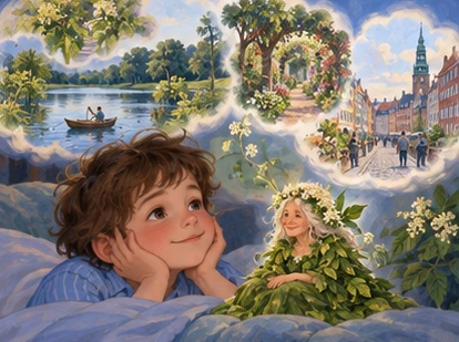 Boy and tiny elder grandmother imagine peaceful lakes gardens and Copenhagen lanes.