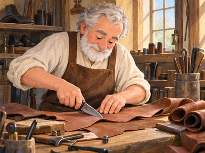 Grey-haired cobbler in brown apron cuts leather at a wooden bench.