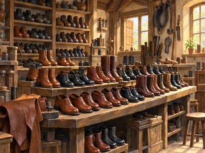 Rows of finished shoes fill a warm busy cobbler workshop.