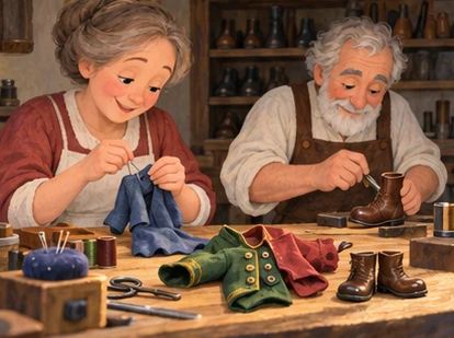 Wife sews tiny clothes while cobbler crafts miniature boots at adjoining table.