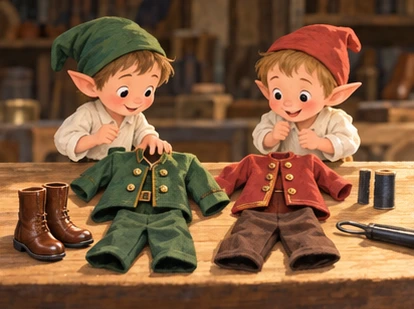 Two elves delightedly examine coats trousers and miniature boots on bench.