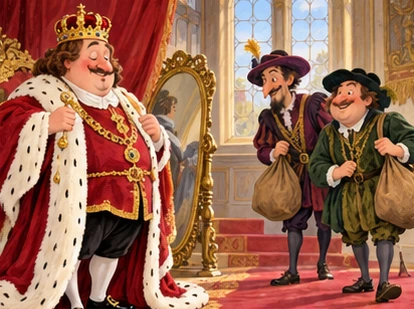 Crowned emperor admires robes as two pretend weavers arrive in palace.