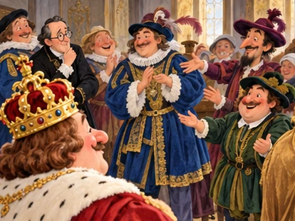 Emperor and courtiers praise empty looms as two weavers gesture grandly.