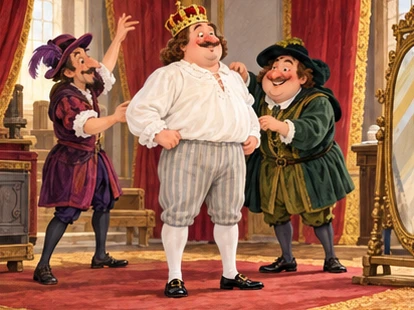 Weavers pretend to dress emperor who stays fully covered in plain shirt and trousers.