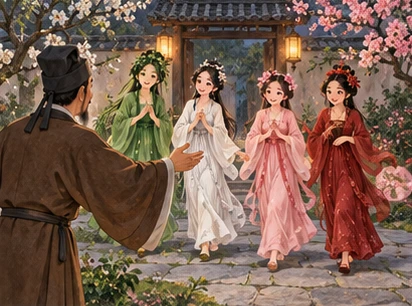 Four flower women in green, white, pink, and dark red gowns enter the courtyard as a scholar welcomes them.