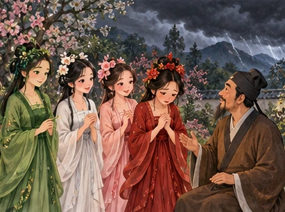 Four flower women beside scholar in garden, red spirit apologetic, clouds gathering east.