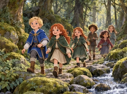 Group of children follows leafy woodland path with mossy stones and stream.