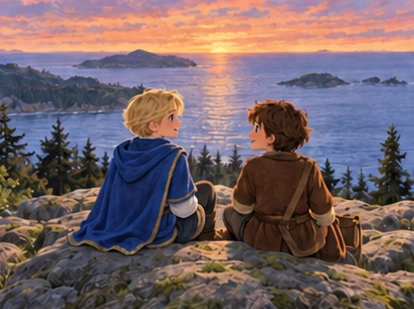 Two boys reunite on wide safe overlook above sea at sunset.