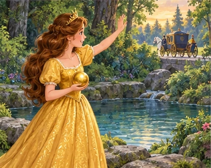 Princess holds golden ball beside spring and waves toward distant carriage.