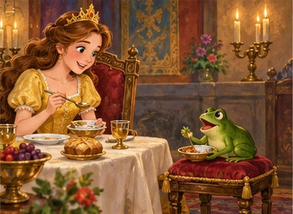 Princess shares supper with frog on separate low cushion beside chair.