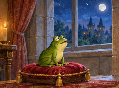 Frog rests on separate small cushion near palace window.