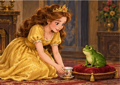 Princess sets tiny cup beside frog's cushion before evening arrival.