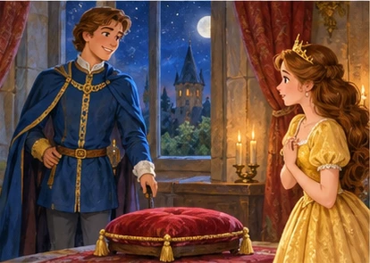 Blue-clad prince stands by window while princess sees empty frog cushion.