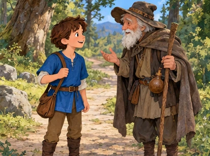 Young brown-haired brother in blue tunic meets grey-haired traveller by forest path.