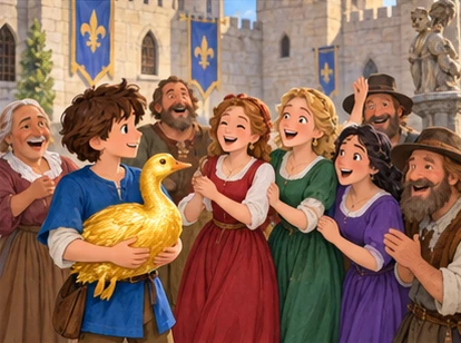 Freed villagers laugh beside boy and goose in castle square.