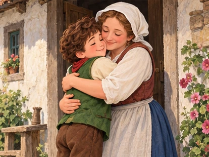 Hans and his mother embrace at the cottage doorway.