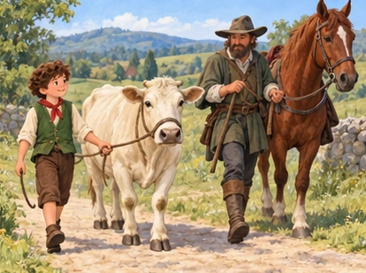 Hans leads a cream cow while the shepherd takes the chestnut horse.
