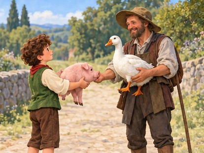 Hans swaps his pink pig for a white goose on a country road.