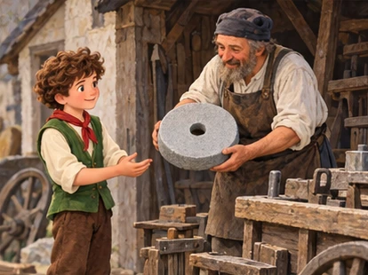 Tool grinder offers Hans a round sharpening stone beside his workshop.